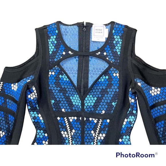 RARE HERVE LEGER BLACK/BLUE ICONIC DRESS NEW - Picture 3 of 7
